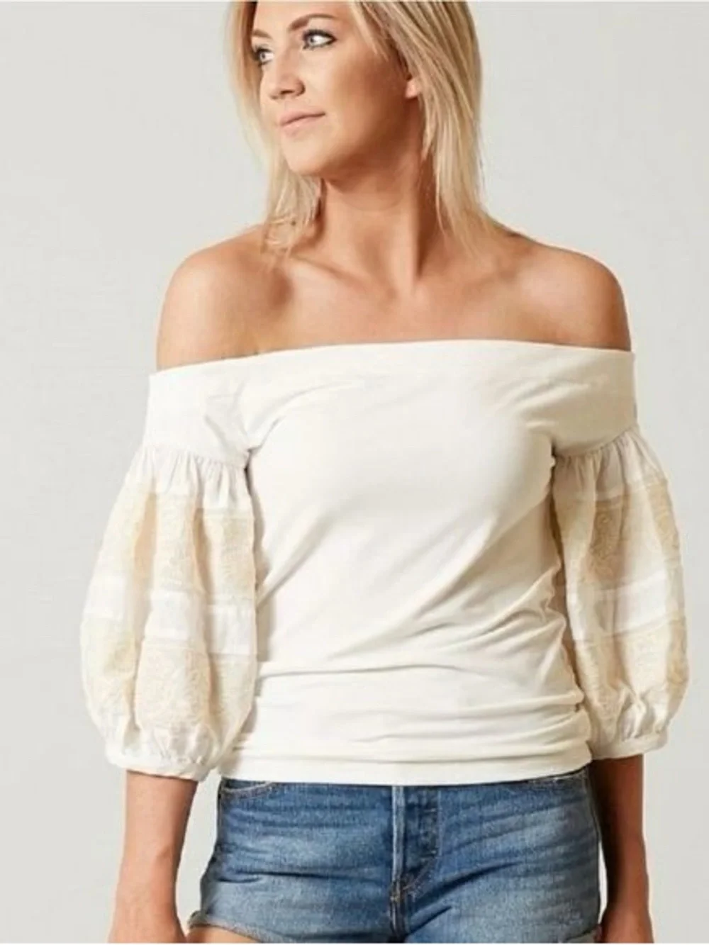White Off-Shoulder Top with Embroidered Puff Sleeves